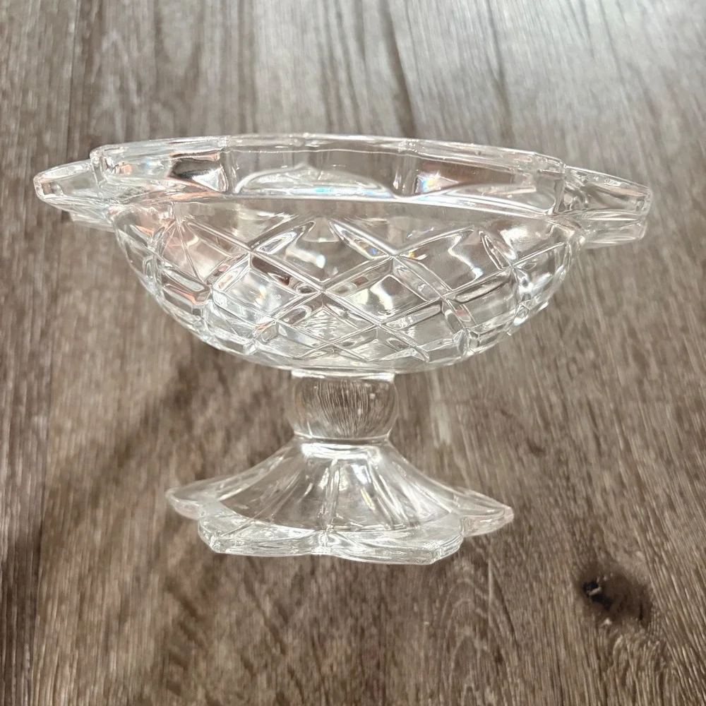 Teleflora 24% Lead Crystal Compote Pedestal Dish USA Diamond Cut 4.5 inch Bowl